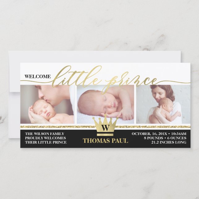 Birth Notice, Little Prince, Faux Gold Foil Meddelande (Framsida)