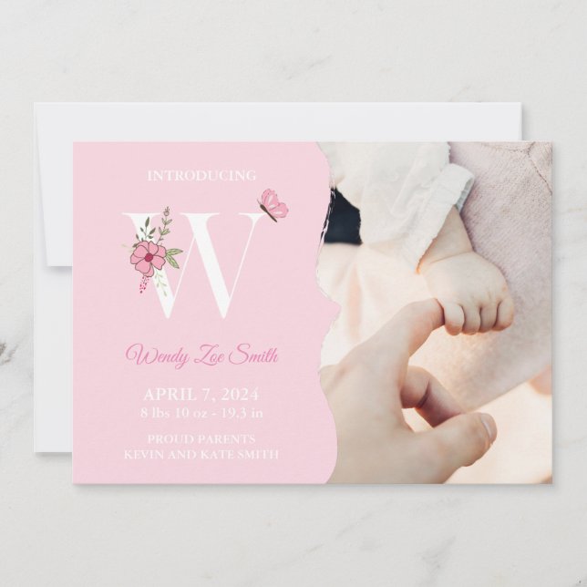 Birth Notification Girl Initial W Inbjudningar (Framsida)