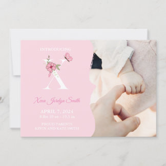 Birth Notification Girl Initial X Inbjudningar