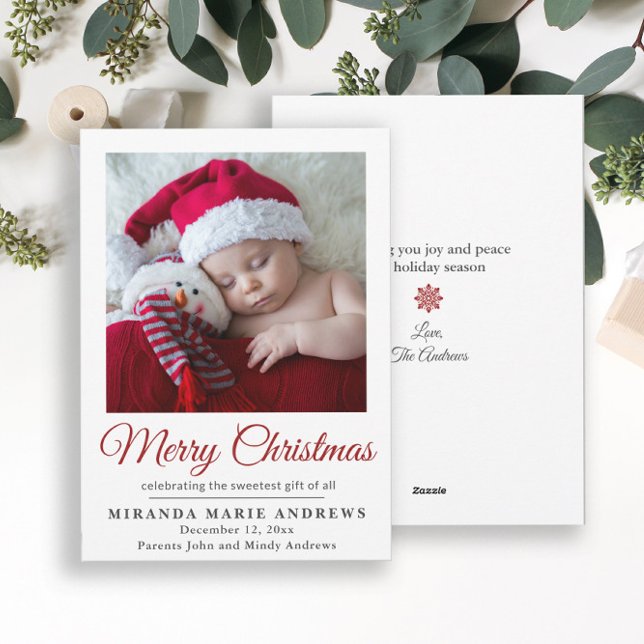 Birth Notification God jul Photo Julkort (Elegant "Merry Christmas" baby announcement photo card)