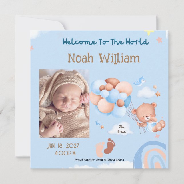BIRTH PHOTO ANNOUNCEMENT- TEDDY BEAR BALOONS INBJUDNINGAR (Framsida)