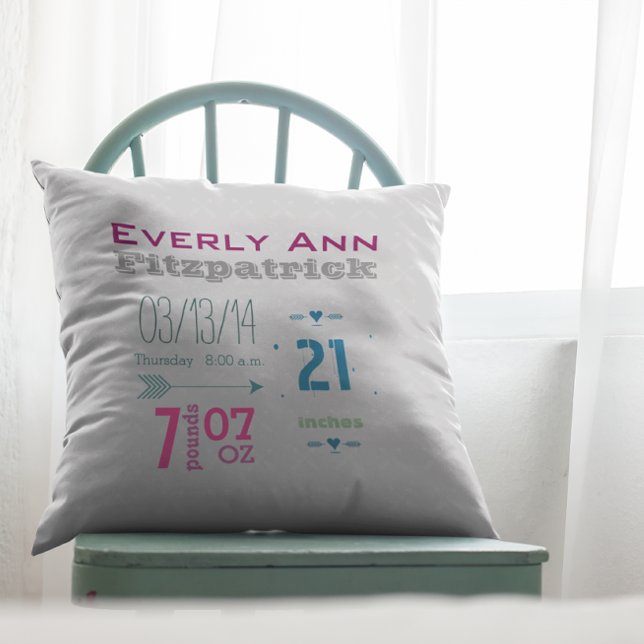 Birth Record Girl's Nursery Room Baby Stat Records Kudde (Skapare uppladdad)