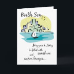 Birth Son Sailboat City Birthday Kort<br><div class="desc">Önska din Birth Son ett mycket Grattis på födelsedagen med den här söta illustrationen. Han kommer att ta emot ert budskap med den här trevliga segelbåten på en solig dag.</div>
