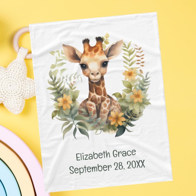 Birth Stat Baby Giraffe Jungle Flower Baby Blanket Fleecefilt (Birth Stats Baby Giraffe Baby Blanket. Add babies name and birthday. Baby Shower gift, New baby gift)