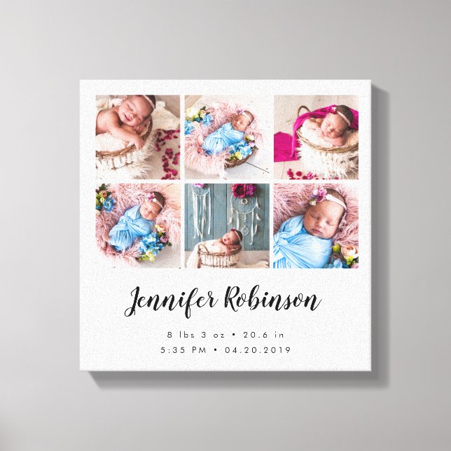 Birth Stat Photo Collage White Canvastryck (Framsida)