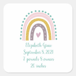 Birth Stats Boho Rainbow Rosa Teal Guld Hearts Fyrkantigt Klistermärke