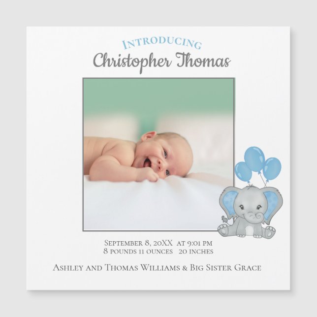 Birth Stats Boy Blue Elephant Baby Announcement (Framsida)