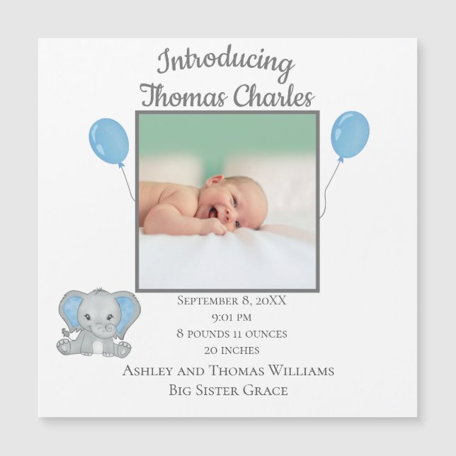 Birth Stats Boy Blue Elephant Baby Announcement (Framsida)