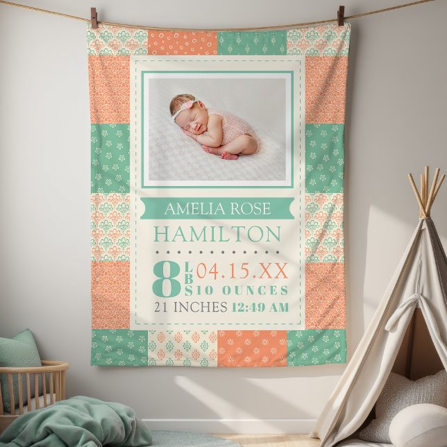 Birth Stats Photo Baby Fleecefilt (Quilt Custom Birth Stats Photo Baby Fleece Blanket)