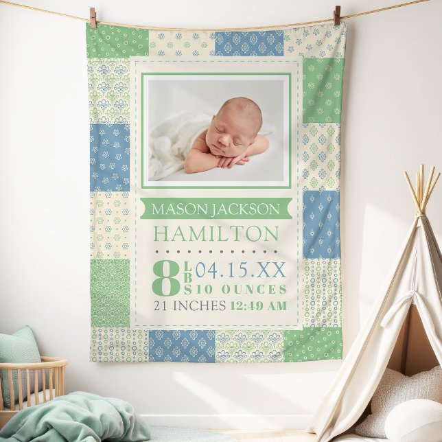 Birth Stats Photo Baby Fleecefilt (Baby Boy Birth Stats Photo Quilt Baby Fleece Blanket)