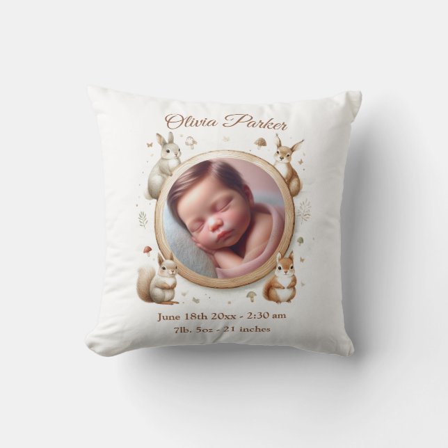 Birth Stats Photo Pillow - Woodland Animals Kudde (Framsida)
