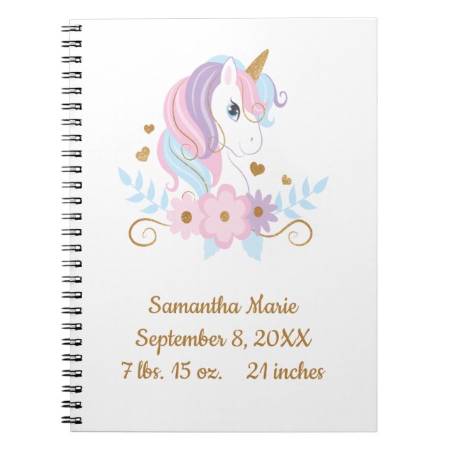 Birth Stats Unicorn Rosa Blue Guld, Girly Anteckningsbok (Framsidan)
