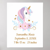 Birth Stats Unicorn Rosa Blue Guld, Girly