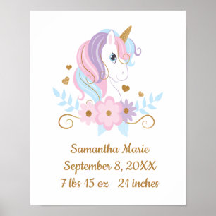 Birth Stats Unicorn Rosa Blue Guld, Girly Poster