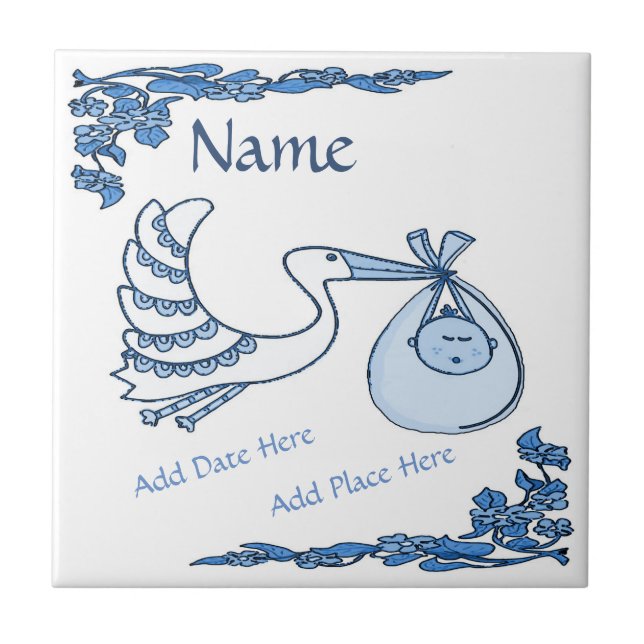 Birth Tile, Blue Dutch Titta, anpassa Kakelplatta (Framsidan)