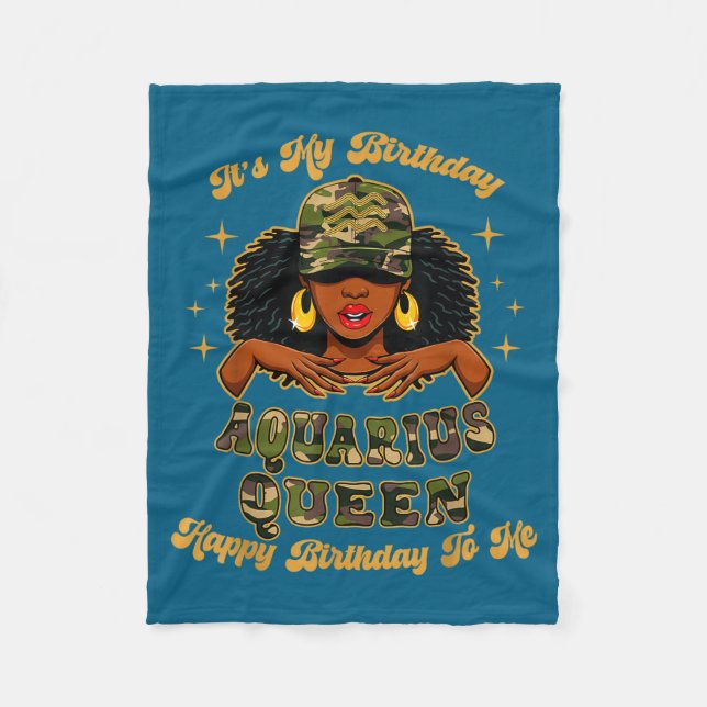 Birthday Aquarius Queen Camo Black Woman African Z Fleecefilt (Framsidan)