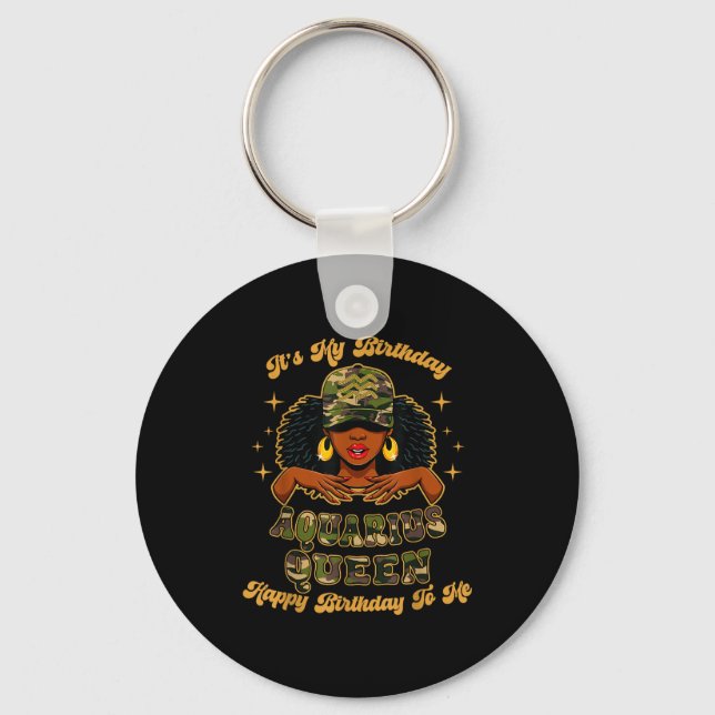 Birthday Aquarius Queen Camo Black Woman African Z Nyckelring (Framsida)