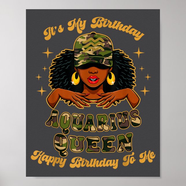 Birthday Aquarius Queen Camo Black Woman African Z Poster (Framsidan)