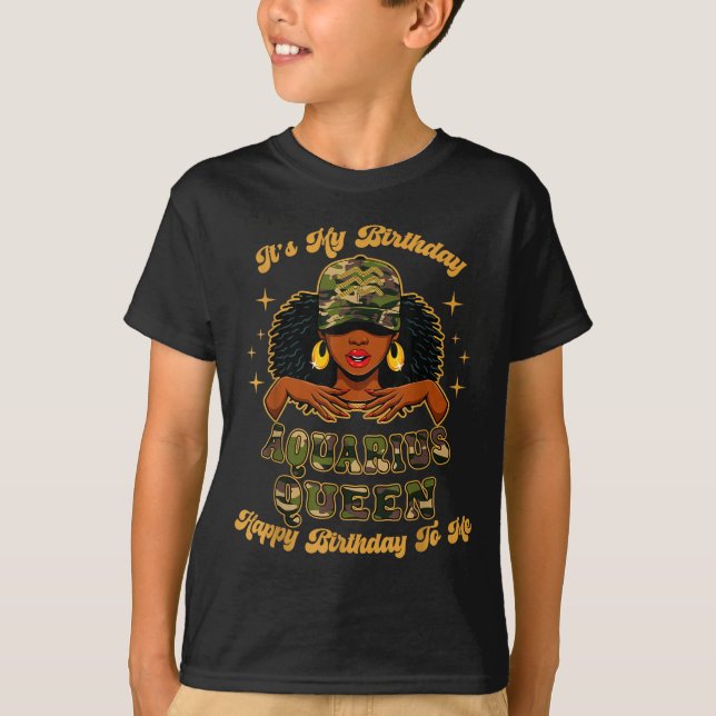 Birthday Aquarius Queen Camo Black Woman African Z T Shirt (Framsida)