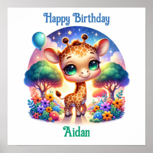 Birthday Baby Giraffe Fantasy Safari Poster