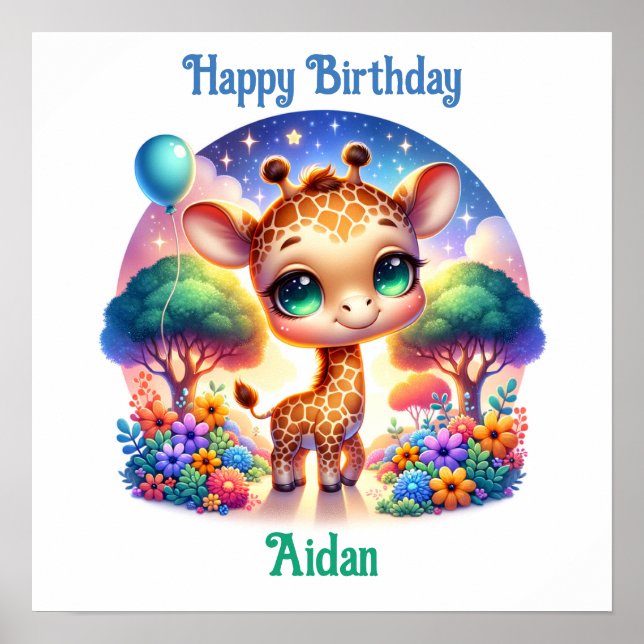 Birthday Baby Giraffe Fantasy Safari Poster (Framsidan)