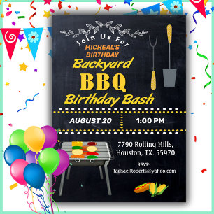 Birthday Bash Chalkboard Backyard Barbecue Invita Inbjudningar