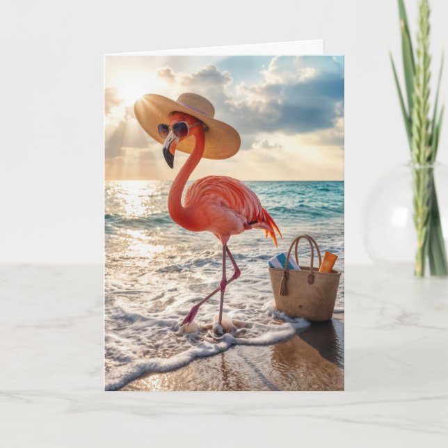 Birthday Beach Flamingo with Sunglasses Kort (Framsida)