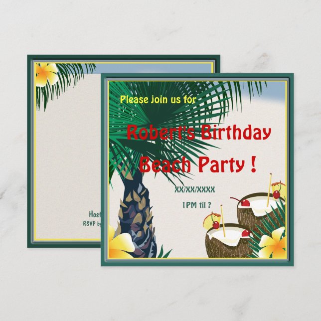 Birthday Beach Picnic Party Coconut Drink Inbjudningar (Fram/baksida)
