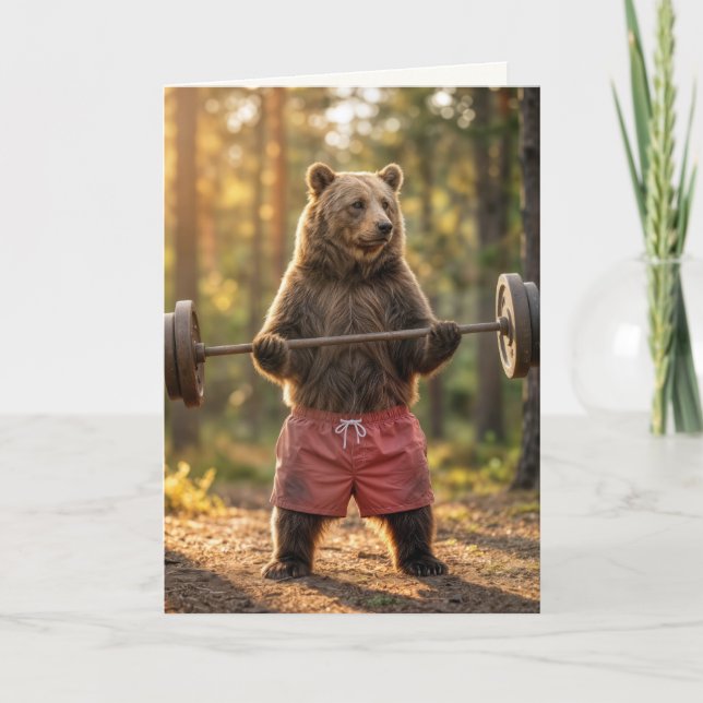 Birthday Bear Lifting Weights In a Sunny Forest Kort (Framsida)