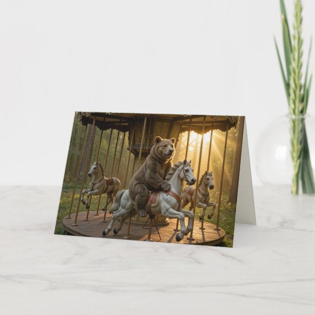 Birthday Bear Riding on a Carousel Kort (Framsida)