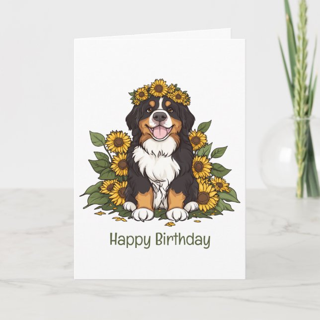 Birthday Bernese Mountain Hund Solros Krona Kort (Framsida)