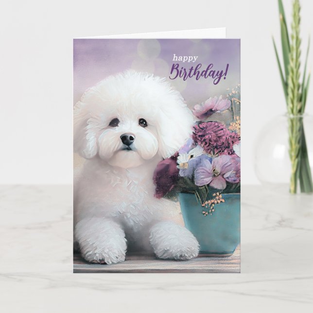 Birthday Bichon Frise Dog with Purple Flowers Kort (Framsida)