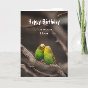 Birthday Bird Cuddling Budgies Parakeet kvinna kär Kort