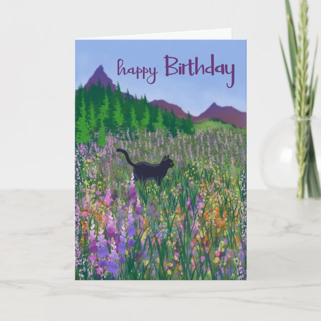 Birthday Black Cat and Wildflowers Kort (Framsida)