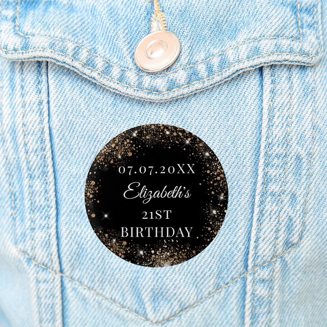 Birthday black gold glitter name date knapp (Skapare uppladdad)