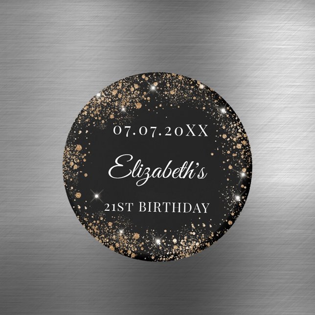 Birthday black gold glitter name date magnet (Skapare uppladdad)