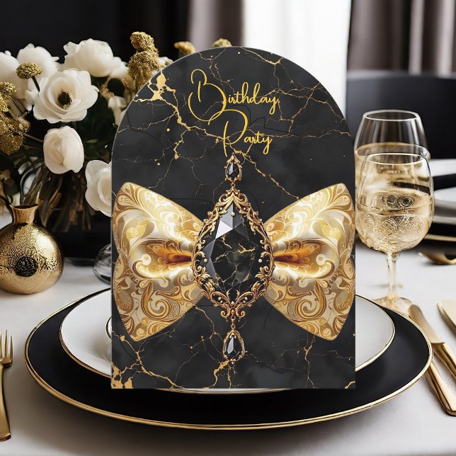 Birthday Black Guld Marble Jewel Paisley Bow Inbjudningar (Skapare uppladdad)