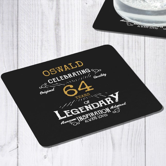 Birthday Black Guld Underlägg Papper Kvadrat (Personalized black and gold birthday party paper coaster.)