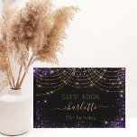 Birthday black purple gold glitter dust name<br><div class="desc">A guestbook for a feminine and glamorous 21st (or any age) birthday party. A classic black background with purple and rose gold faux glitter dust and light strings. Personalize and add a name and age. The name is written with a modern hand lettered style script with swashes.. Add your text...</div>