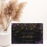 Birthday black purple gold glitter dust name gästböcker<br><div class="desc">A guestbook for a feminine and glamorous 21st (or any age) birthday party. A classic black background with purple and rose gold faux glitter dust and light strings. Personalize and add a name and age. The name is written with a modern hand lettered style script with swashes.. Add your text...</div>