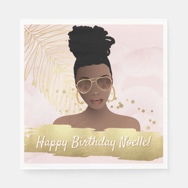 Birthday, Black Woman, Gold Tropical Leaf, Pink Pappersservett (Framsidan)