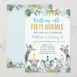 Birthday Blue Guld Party Animal Safari Birthday Inbjudningar