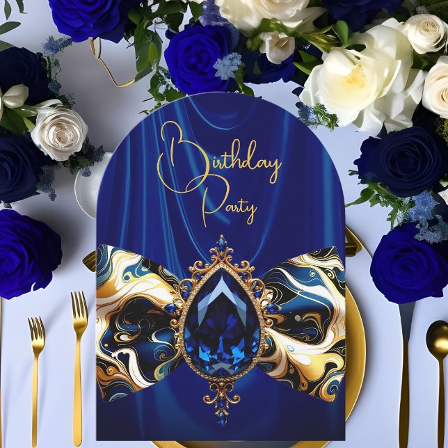 Birthday Blue Silke Faux Guld Jewel Paisley Inbjudningar (Skapare uppladdad)