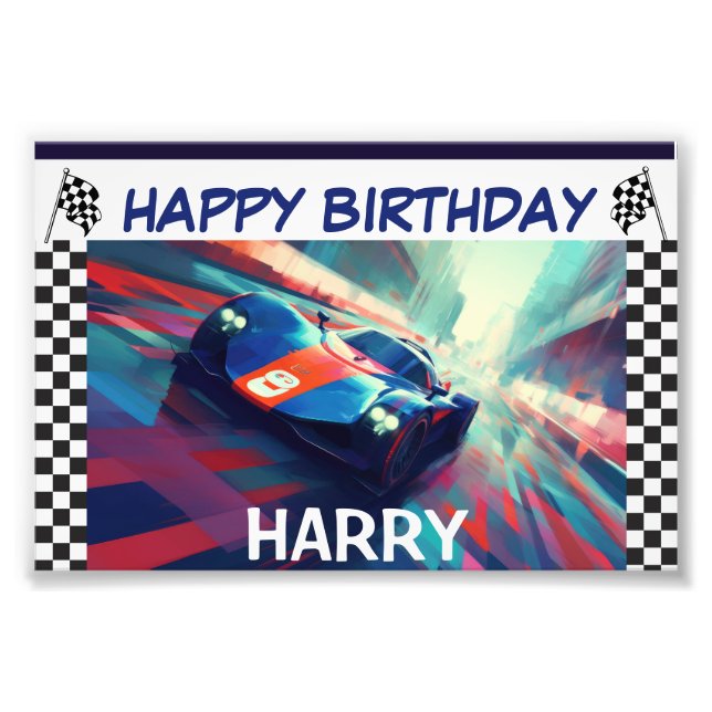 BIRTHDAY BLUE TÄVLA CAR BANNER FOTOTRYCK (Framsidan)