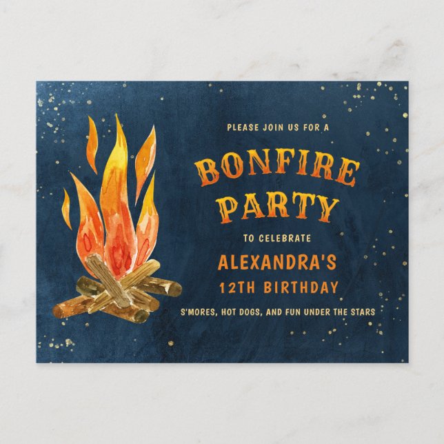 Birthday Bonfire Party Watercolor Inbjudan Vykort (Framsida)