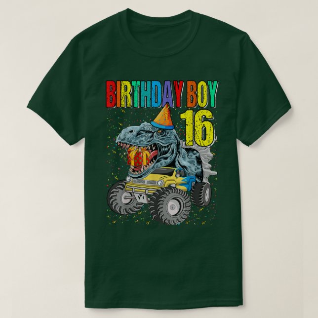 Birthday Boy 16 Monster Truck Dinosaur 16th Birthd T Shirt (Design framsida)
