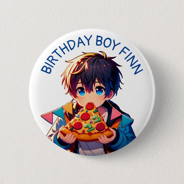 Birthday Boy | Anime Boy's Pizza Party Knapp (Framsida)