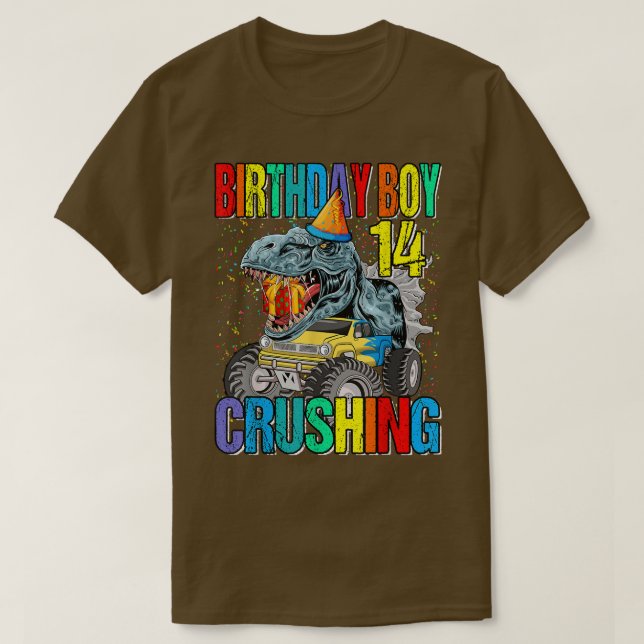 Birthday Boy Crushing 14 Monster Lastbil Dinosaur T Shirt (Design framsida)