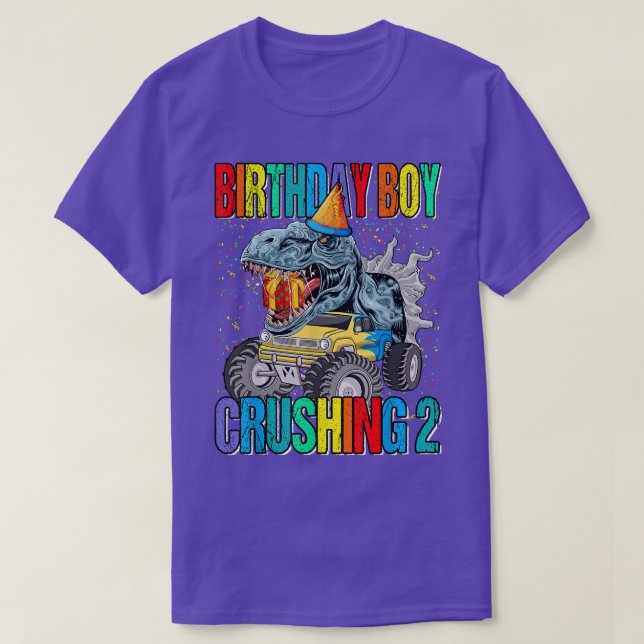 Birthday Boy Crushing 2 Monster Truck Dinosaur  T Shirt (Design framsida)
