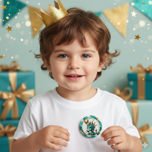 Birthday Boy Personlig Teal and Guld Dragon Knapp
